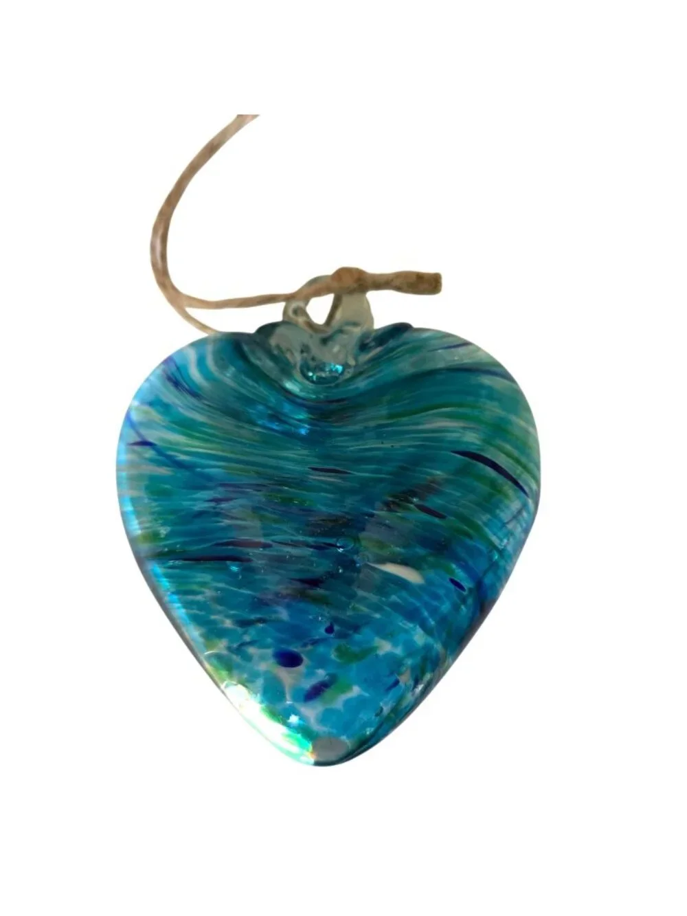 Set of 3 Handcrafted Blown Glass Heart Ornaments Blue & Green Swirl Design